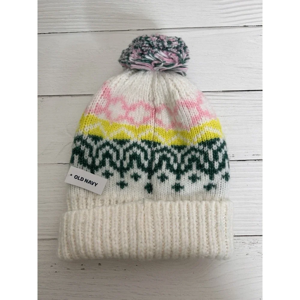 Old Navy White Knit Winter Hat Pom Pom Pink Green Yellow One Size NWT